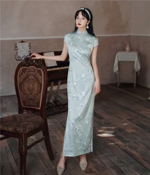Vintage Čínsky Štýl Qipao Dlho Ručné Tlačidlo Cheongsam Šaty Žien Mandarin Golier Tradičné Šaty Veľkosti S-3XL