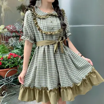 2020 nové letné lolita šaty žien Japonský mäkké sestra malé čerstvé voľné voľné koberčeky, šitie krajky-krátke rukávy bábika šaty