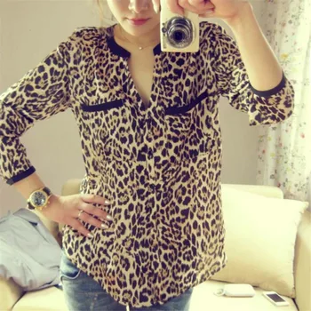 Leopard Tlač Šifón Tričko WomenLong rukáv, V-Neck Top Voľné Tričko Camisa Feminina Oblečenie