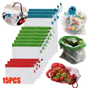 15Pcs Opakovane Oka Vyrábať Tašky s potravinami Ovocia, Zeleniny, Uskladnenie Nakupovanie Eco