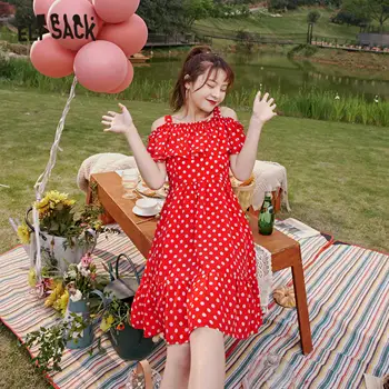 ELFSACK Fialový Motýľ Tlače Bežné Ženy Mini Off-Ramenný Šaty 2020 Lete Vintage Červená Polka Dot kórejský Dievčenskú Party Šaty