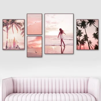 Ružová Sunset Beach Strom Hviezdice Surf Nordic Plagáty A Tlačí Na Steny Umelecké Plátno Na Maľovanie Obrazov Na Stenu Pre Obývacia Izba Dekor