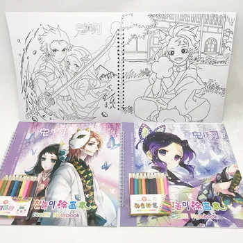 Anime Démon Vrah Kimetsu Č Yaiba Sfarbenie Knihy pre Deti, Dospelých, Zmierniť Stres Graffiti Notebook s 10pcs Farebné Ceruzky