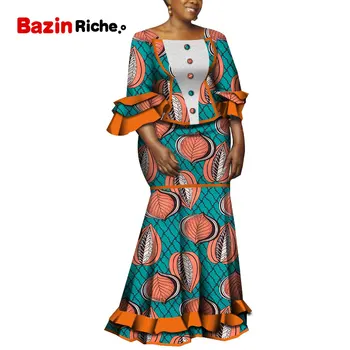 Africké Vytlačené Sukne Oblek pre Ženy Strany WeddingTraditional Oblečenie Top Blúzky,+Dlhú Ceruzku Sukne 2 ks Oblečenia Sady WY5240