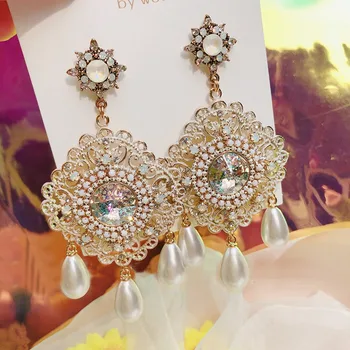 MENGJIQIAO Nový Vintage Luxusné Prehnané Námestie Crystal Drop Náušnice Pre Ženy, Dievčatá Elegant Pearl Pendientes Šperky, Darčeky