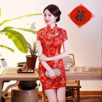 Červená Vintage Kvetinový Tlač Slim Qipao Lete Lady Tradičnej Čínskej Štýl Cheongsam Šaty Svadobné Šaty Plus Veľkosť S-6XL