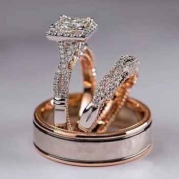 Huitan Luxusné Princezná Rez Kubický Zirkón Manželstva Svadobné Prstene 3Pc/Set Elegantné Príslušenstvo Brilantné Ženy, Svadby, Módne Šperky