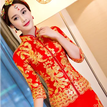 Čínske Tradičné Svadobné Bridesmaid, Šaty Dávnych Červená Princezná Šaty Lady Slim Strany Zlato Choengsam Vestidos Mini Qipao