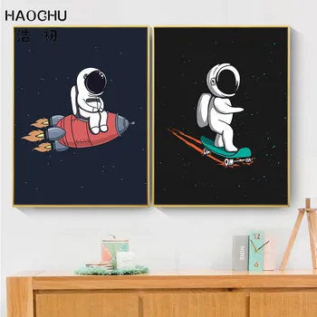 HAOCHU Priestor Scény Mesiac Dekorácie Obrázok Čierne Plátno, Maľovanie Rocket Múr Umenia Plagátu Chlapec, Spálňa, Obývacia Izba Domáce Dekorácie