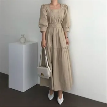 RUGOD francúzsky Štýl Jeseň Šaty s Pásom pre Dámy Námestie Golier Lístkového Rukáv dámske Oblečenie Elegantné Ženy Sundresses 2020