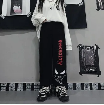 QWEEK Gothic Nohavice kórejský Štýl, Módne 2021 Hip Hop Tlač Širokú Nohu, Nohavice Ženy Voľné Streetwear Black Bežné Nohavice Ženy