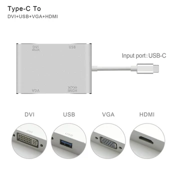 USB 3.1 Typu C, HDMI, VGA, DVI, USB 2.0, Výstup 4 V 1 USBC Rozšíriť Hub 4K 1080P 3D Video Converter pre Macbook Chromebook Notebooky