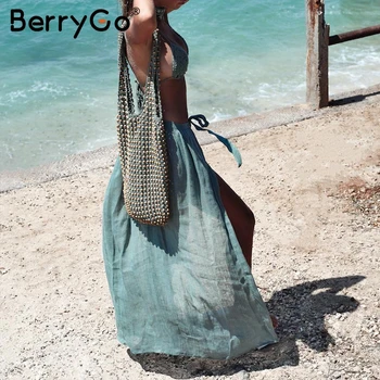 BerryGo Sexy long beach ženy cover-ups Čipky plavky vidieť cez ženské sukne Módne dovolenku bavlna biela sarong sukne