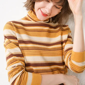 2019 jeseň a v zime cashmere sveter hromadu vysoký golier ženy pulóver pruhovaný sveter slim klesnutie voľné tričko veľkosť