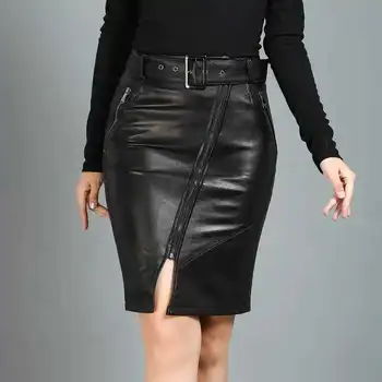2020 Ženy Originálne Kožené Sukne Krídla Zipsy Vysoký Štíhly Pás Z Ovčej Midi Dlho Sexy Kožené Sukne Ladies Black Streetwear