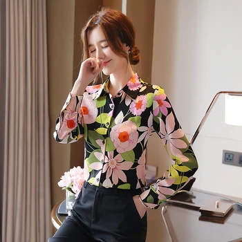 Kórejský Šifón Ženy Košele Ženy Tričko S Dlhým Rukávom Žena Kvetinový Blúzky, Top Plus Veľkosť Lady Tlač Tričko Blusas Mujer De Moda 2020