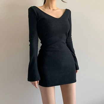 Vintage Čierne Elegantné Šaty Žien Dlhý Rukáv Bodycon Mini Šaty Dámy V Krku Krátke Zábal Šaty Strany Jeseň Jar