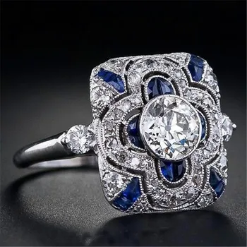 JUNXIN Námestie Veľké Prstene Pre Ženy, Strieborná Farba Modrý Zirkón Kameň Zásnubný Prsteň Žena Vintage Šperky Vianoce