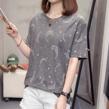 Plus Veľkosť Štýlový Top Tees Ženy 2020 Letné Voľné Krátky Rukáv Golded Star Bavlna T-shirt Nadrozmerná Mesiac Grafické kórejský Tričko