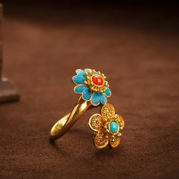 Prírodné južnej červený turmalín kvet otvoriť krúžok Čínsky retro palác štýl jedinečné antické zlato plavidlá luxusné dámske šperky