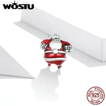 WOSTU 925 Sterling Silver Santa Claus zobrazili kľúčové tlačidlá Červené Smalt Perličiek Fit Originálny Náramok, Náhrdelník Vianočné Prívesok Šperky CQC1664