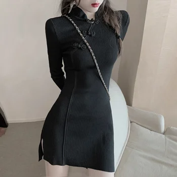 Ahoj Dievča, New Black cheongsam Designer Šaty Jar Dlhý Rukáv Vintage Štrbinou Pletené Šaty Slim Bodycon Gotický Sexy Šaty Vestidos