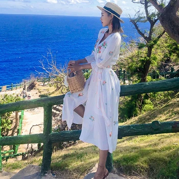 TEELYNN biele bavlnené šaty 2019 vintage kvetinové Výšivky boho šaty v-ncek voľné letné šaty značky long beach ženy šaty