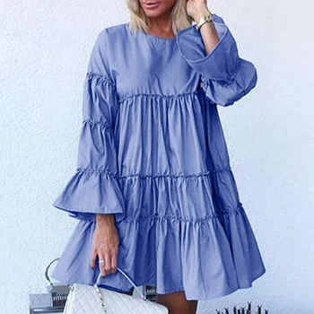 Ženy Elegantné O Krk Prehrabať Mini Šaty Jeseň Svetlice Dlhý Rukáv Skladaný Party Šaty 2020 Pevné Príležitostné Voľné A-Line Šaty Vestido
