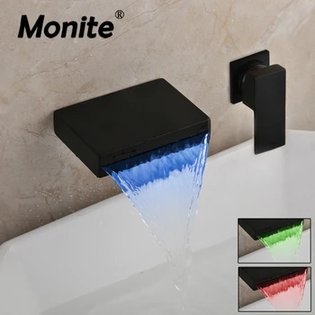 Monite Matte Black Kúpeľňa Batérie, LED Farby Umývadlo Umývadlo, Batérie, Wall Mount Chróm Mosadz Mixér Ťuknite na položku Vodopád Batérie