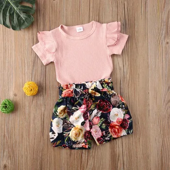 1-5Years Deti Baby Girl Letné Kvetinové Oblečenie, 2 KS T-shirt Top Šortky, Nohavice, Oblečenie Nastaviť Sunsuit