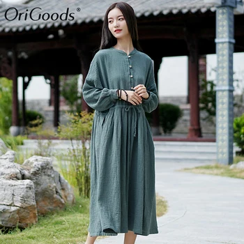 OriGoods Ženy Vintage Šaty Plus veľkosť Bavlna Jeseň Jar Šaty, Dlhý rukáv Pevné Biela Zelená Elegantné Dlhé Šaty Vestidos C282