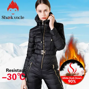 Zimné nové žien slim fit jumpsuit 90% Biele Kačacie nadol bunda pás zahusťovanie teplé Tenké Elastické vonkajšie lyžiarske ženy nadol bunda