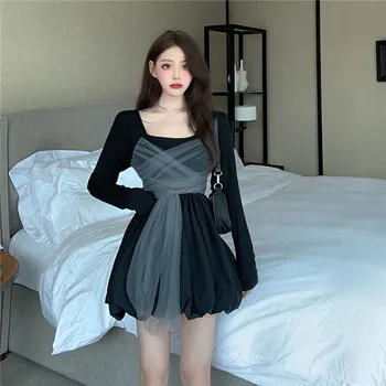 Móda 2 Ks Držiaky pre Ženy Jeseň Čierne Mini Šaty+oka Vesta Sady kórejský Elegantné Lístkového Šaty Sady Goth Dva Počítače, Zodpovedajúce Oblečenie