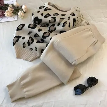 Ženy Zrastov Leopard Pulóver Svetre+Nohavice Sady Žena Módy Jumper Nohavice 2 KS Kostýmy Oblečenie