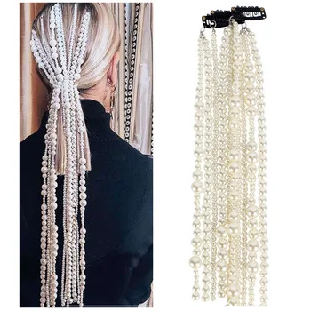 Móda Dlhý Strapec Šperky Simulované Pearl Príslušenstvo Vlasy Hrebeňom Reťazca pre Ženy, Svadobné Svadobné Vlasy Reťazca Headpiece Šperky