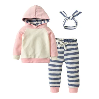 Dieťa Batoľa, Dieťa Dievčatá Oblečenie 3ks Sada Oblečenie Long sleeve Hooded Mikina Topy+Nohavice+hlavový most Novorodenca Oblečenie