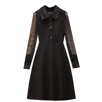 2020 Jeseň Zima Ženy Šaty Plus Veľkosti 4XL Čierna Vintage Žena Vestidos Oka Patchwork Dámske Šaty Svietidla Rukáv Župan