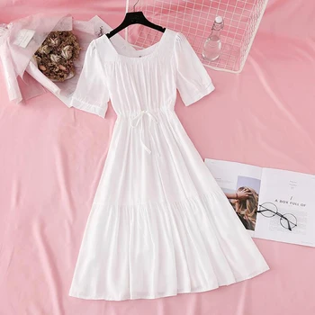 2020 Bavlnená posteľná bielizeň Šaty Žien Letného Krídla Pás Bežné Námestie Krku Krátky Rukáv Polovici Teľa Volánikmi Šaty Vintage vestidos