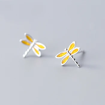 MloveAcc 925 Pevné Reálne Mincový Striebro Roztomilý Žlté Dragonfly Stud Náušnice pre Dospievajúce Dievča Ženy Jemné Strieborné Šperky