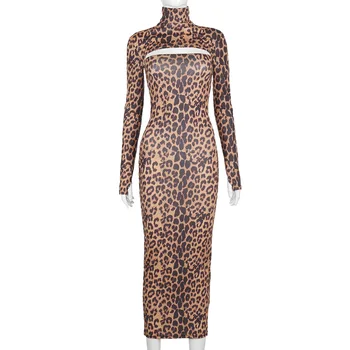 ANJAMANOR Sexy Leopard Tlač Dlhý Rukáv Bodycon Maxi Šaty Vysoko Módne Dámske Oblečenie 2020 Zimné Party Club Oblečenie D85-CZ24