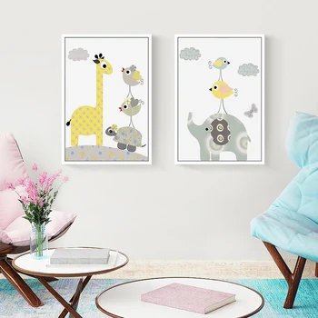 Cartoon Žirafa Vták Slon Zvierat Plagáty a Tlač Minimalistický Wall Art Plátno na Maľovanie Škôlky Stene Obraz Dieťa Obývacia Izba