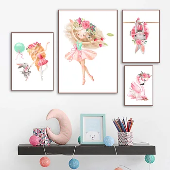 Kvet Dievča Jednorožec Králik Balón Flamingo Mačka Wall Art Plátno Na Maľovanie Nordic Plagáty A Vytlačí Na Stenu Obrázky Detská Izba Decor