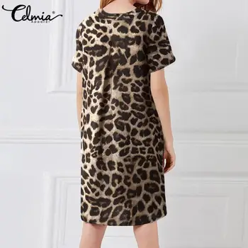 Celmia Plus Veľkosť Letné Tričko Sundress Dámske Leopard Tlač podkolienok Šaty Krátke Rukáv Šaty Vintage Príležitostné Voľné Vestidos