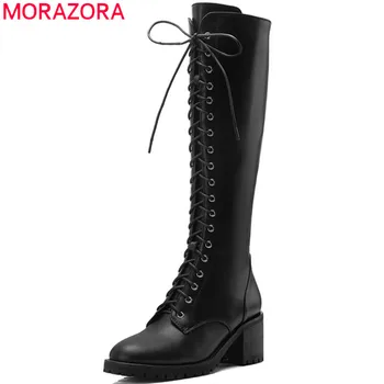 MORAZORA 2020 kvalitné originálne kožené topánky ženy kolená vysoké topánky šnurovacie zip jeseň fashion Motocykel Topánky žena
