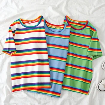 Letné Krátke Sleeve T-shirt Ženy Rainbow Pruhované Tričko Harajuku T-shirt Žena Topy
