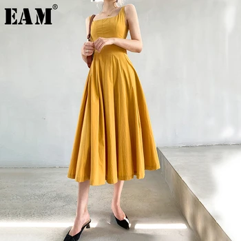 [EAM] Ženy Žltá Skladaný Veľké Lem Elegantné Dlhé Šaty Nové Kolo Krku bez Rukávov Loose Fit Módne Príliv Jar Leto 2021 1W510
