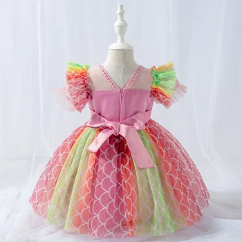 Batoľa dievča oblečenie Jeden-rok-starý dieťa strany ružové letné šaty dievčatá sequin opuchnuté princezná Detí, narodeniny deti lolita šaty