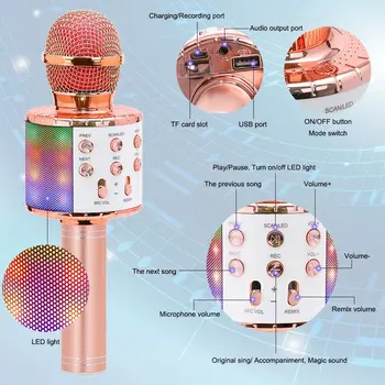 Bezdrôtový Bluetooth Karaoke Mikrofón, 3-v-1 prenosné ručné karaoke mikrofón karaoke prehrávač multi-funkcie, LED svetlo