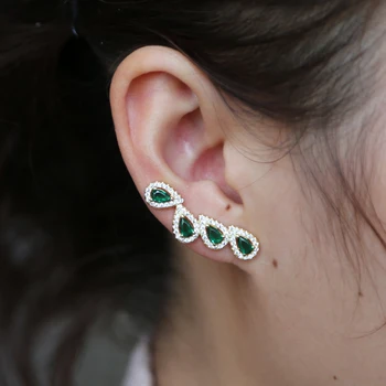 Bling AAA zelený cz kameň dlhé ucho horolezec stud náušnice pre ženy Romantický svadobný dar módne slza zirkónmi, šperky