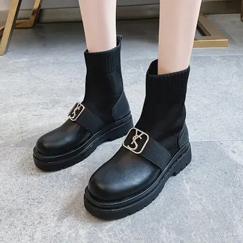 2020 nový štýl bežné čipky gotický boj proti členkové topánky dámske topánky čierne ponožky hrubé jediným kožené topánky ženy móda Botas Mujer